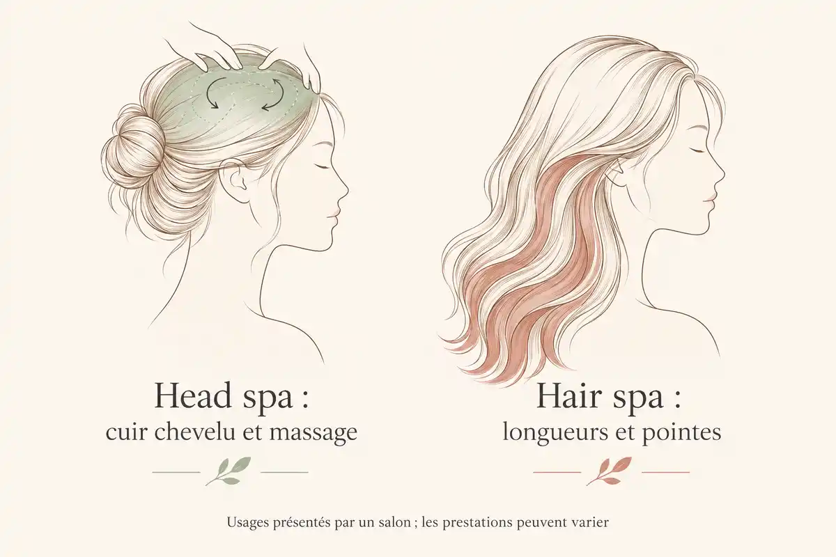 Le head spa cible le cuir chevelu et le massage, tandis que le hair spa présenté ici vise les longueurs et les pointes ; les offres varient.
