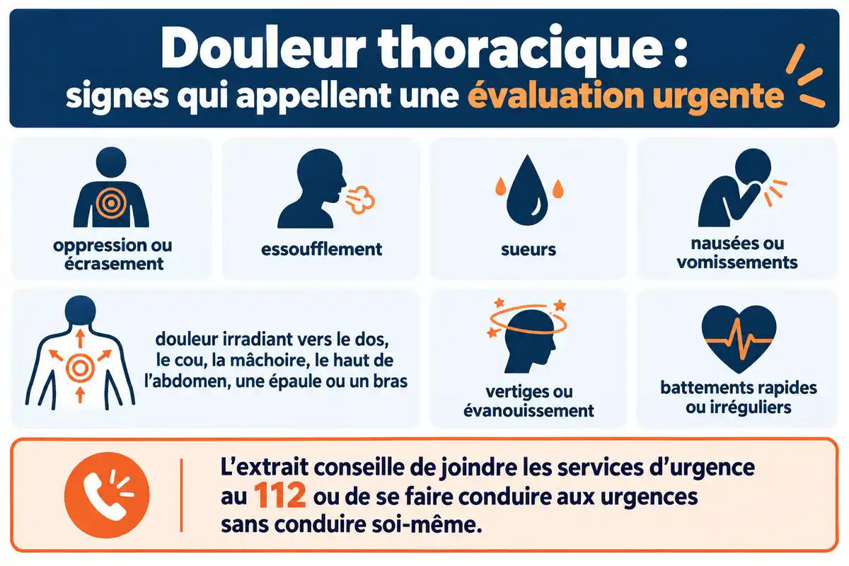 Oppression, essoufflement, sueurs ou malaise associés à une douleur thoracique appellent une aide urgente, sans poser de diagnostic individuel.