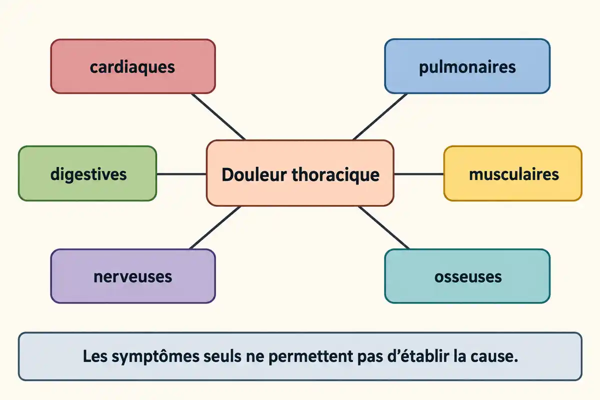 Une douleur thoracique peut relever de causes cardiaques, pulmonaires, digestives, musculaires, nerveuses ou osseuses ; les symptômes seuls ne les distinguent pas.