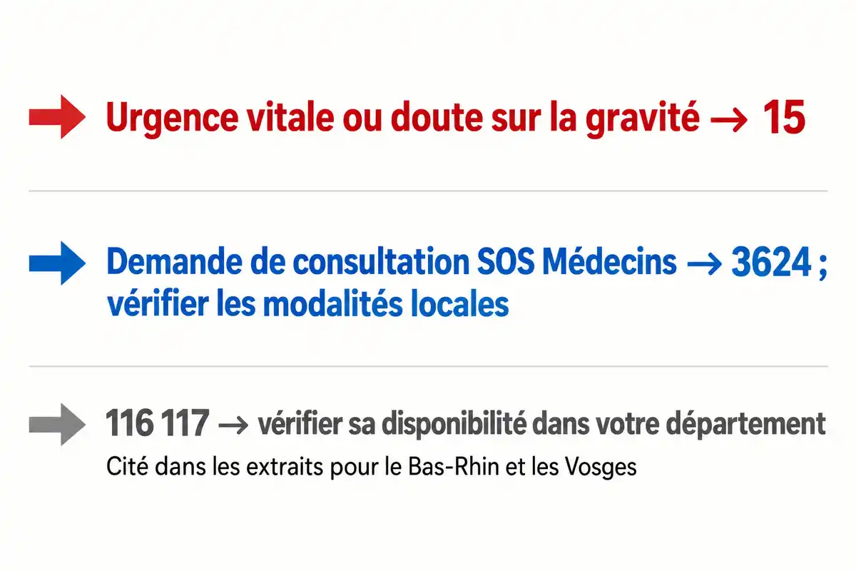 Le 15 s’impose en cas d’urgence ou de doute sur la gravité ; pour une consultation, vérifiez SOS Médecins et la disponibilité locale du 116 117.