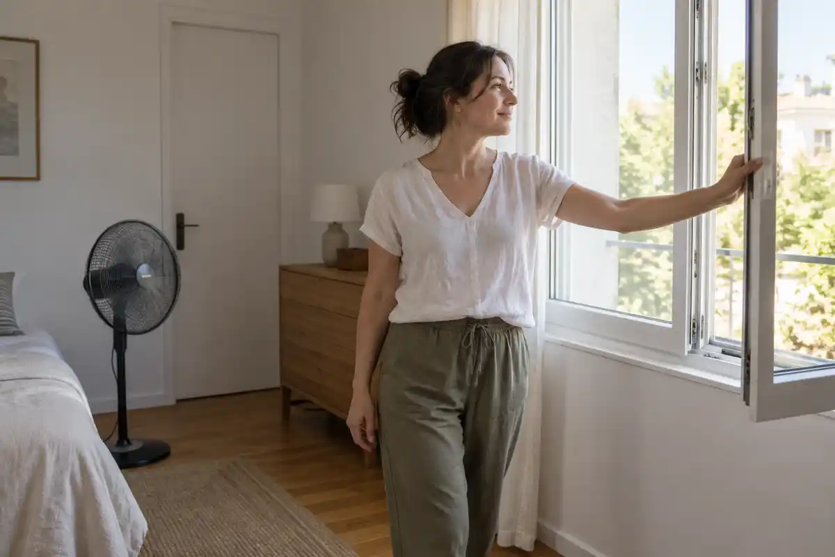 Ouvrir la fenêtre et porter des vêtements légers aide à maintenir une température confortable pendant une bouffée de chaleur.