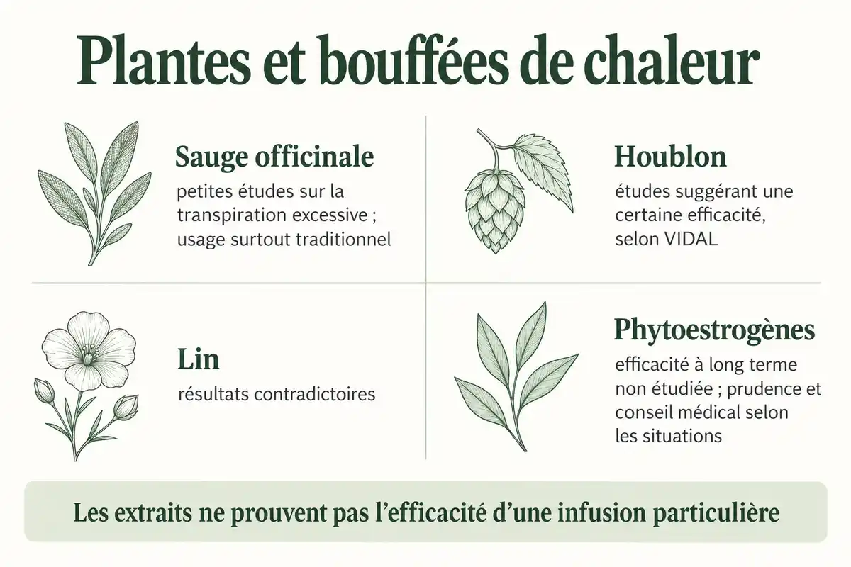 Les données sur les plantes et phytoestrogènes sont nuancées : résultats variables ou contradictoires, sans preuve pour une infusion précise.