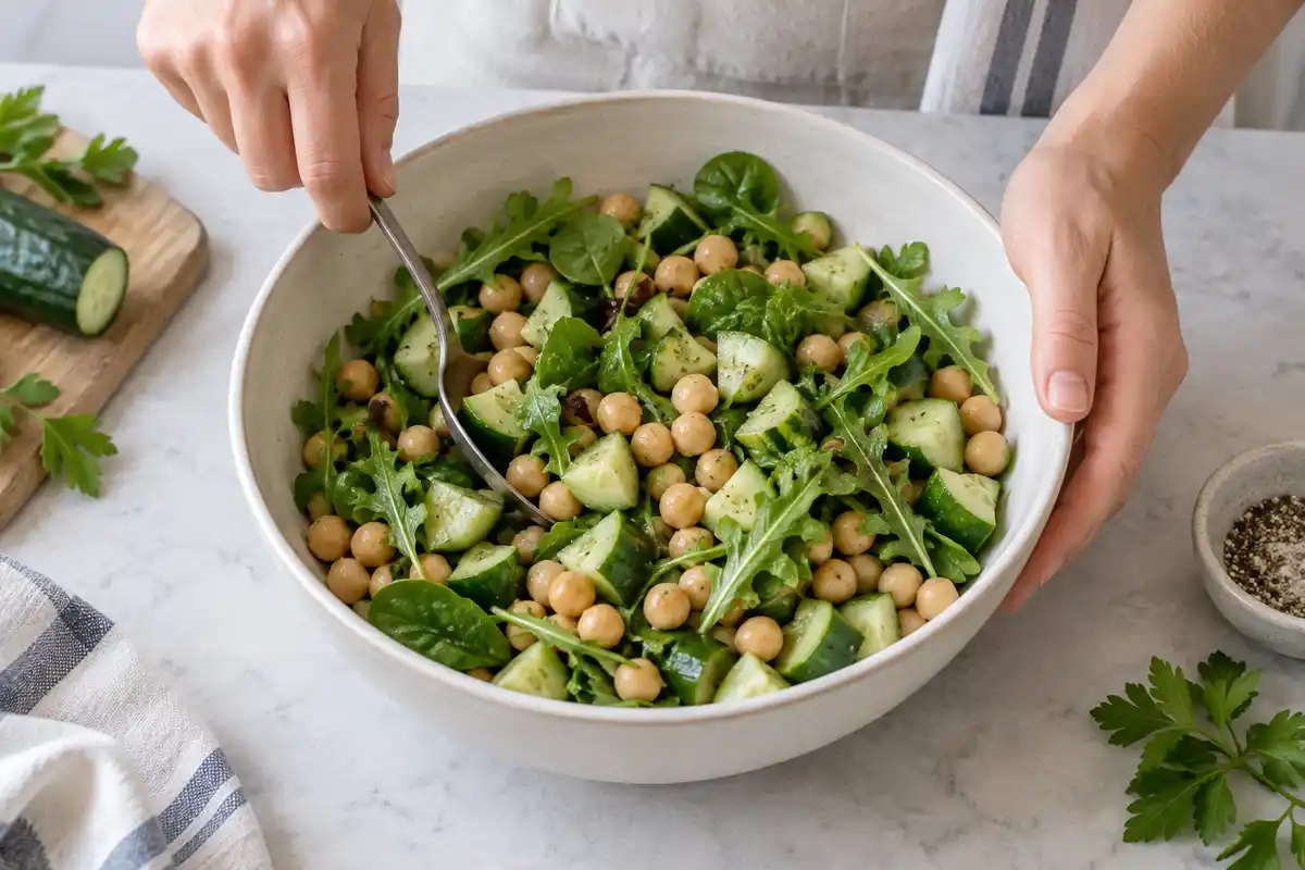 Pois chiches et concombre se mélangent en salade, une base à compléter selon les légumes, herbes et assaisonnements disponibles.