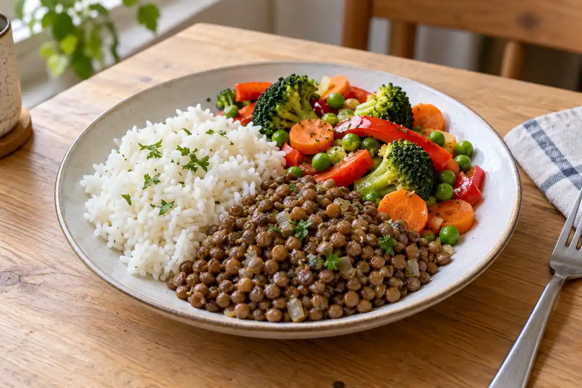 Riz et lentilles accompagnés de légumes illustrent une association possible de céréale et légumineuse pour varier les plats.