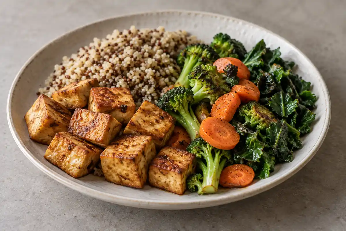 Tofu cuit, céréale et légumes forment une base de repas modulable, à adapter aux ingrédients et aux habitudes de chacun.
