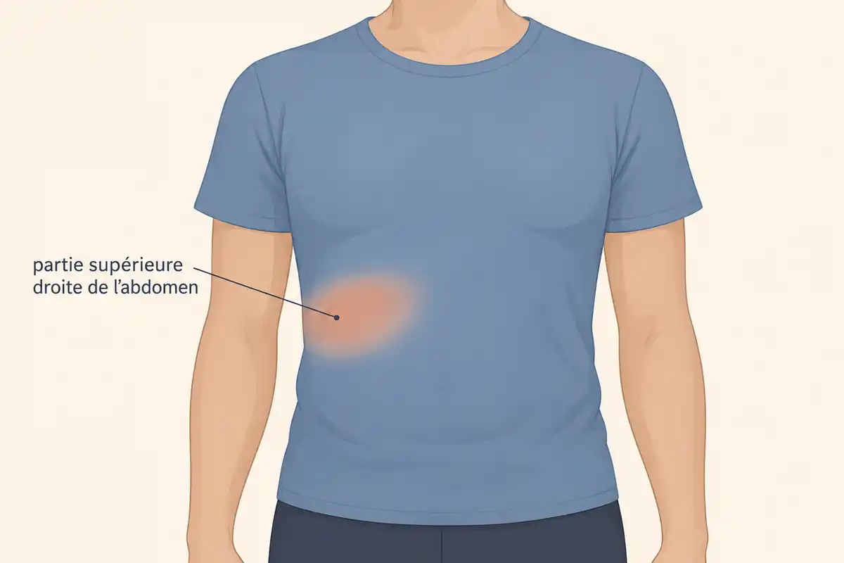 La douleur biliaire évoquée se situe sous les côtes, dans la partie supérieure droite de l’abdomen ; sa localisation seule ne pose pas de diagnostic.