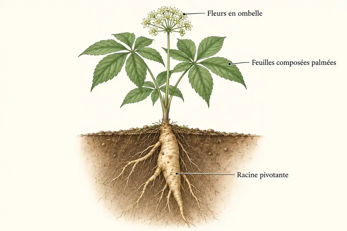 Racine pivotante, feuilles palmées et fleurs en ombelle caractérisent le genre Panax, sans authentifier un produit commercial.