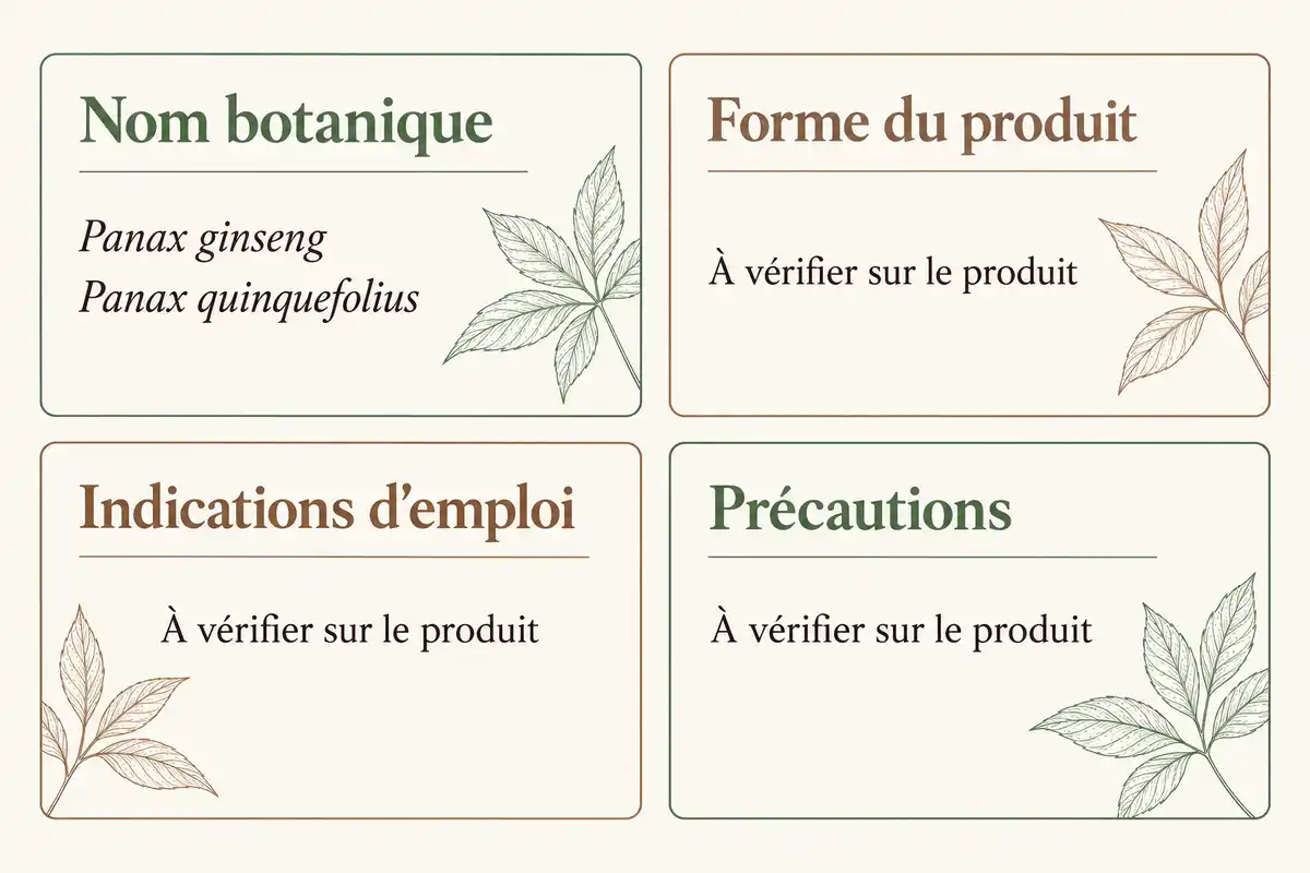 Comparer le nom botanique aux mentions sur la forme, l’emploi et les précautions aide à vérifier les informations d’un produit.