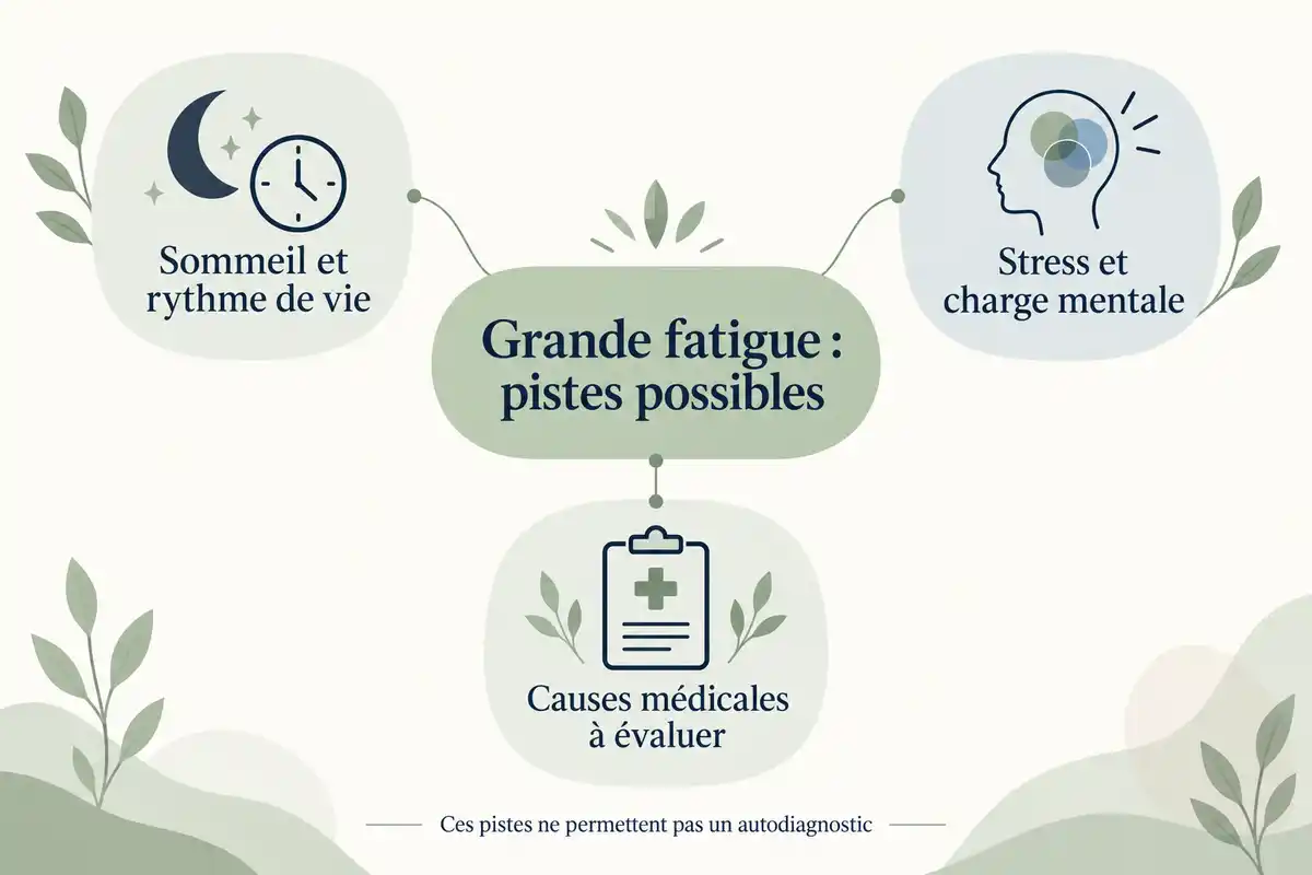 Sommeil, rythme de vie, stress et causes médicales sont des pistes distinctes à explorer, sans permettre de déterminer seuls l’origine de la fatigue.