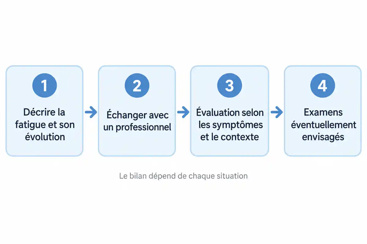 L’évaluation d’une fatigue persistante part de son évolution et du contexte, puis conduit à un échange et à d’éventuels examens adaptés.