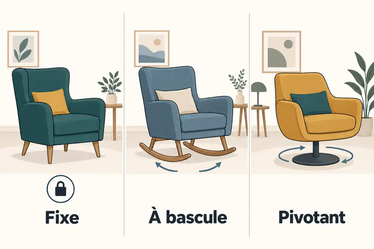Le fauteuil fixe reste immobile, tandis que les options à bascule et pivotante permettent des mouvements à comparer selon ses habitudes et l’espace disponible.