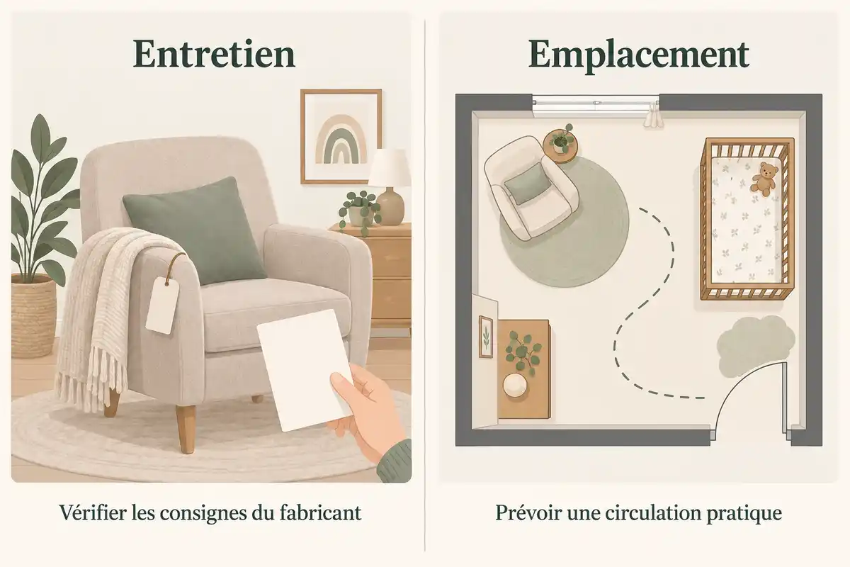 L’entretien dépend des consignes du fabricant ; l’emplacement du fauteuil se choisit selon l’espace, le passage et les habitudes du foyer.