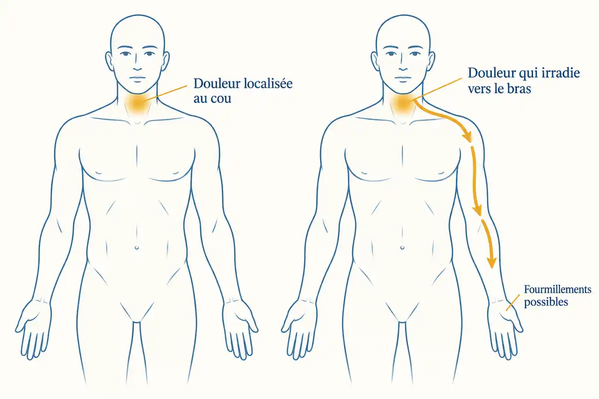Une douleur limitée au cou se distingue d’une irradiation possible vers l’épaule et le bras, avec parfois des fourmillements, sans établir de diagnostic.