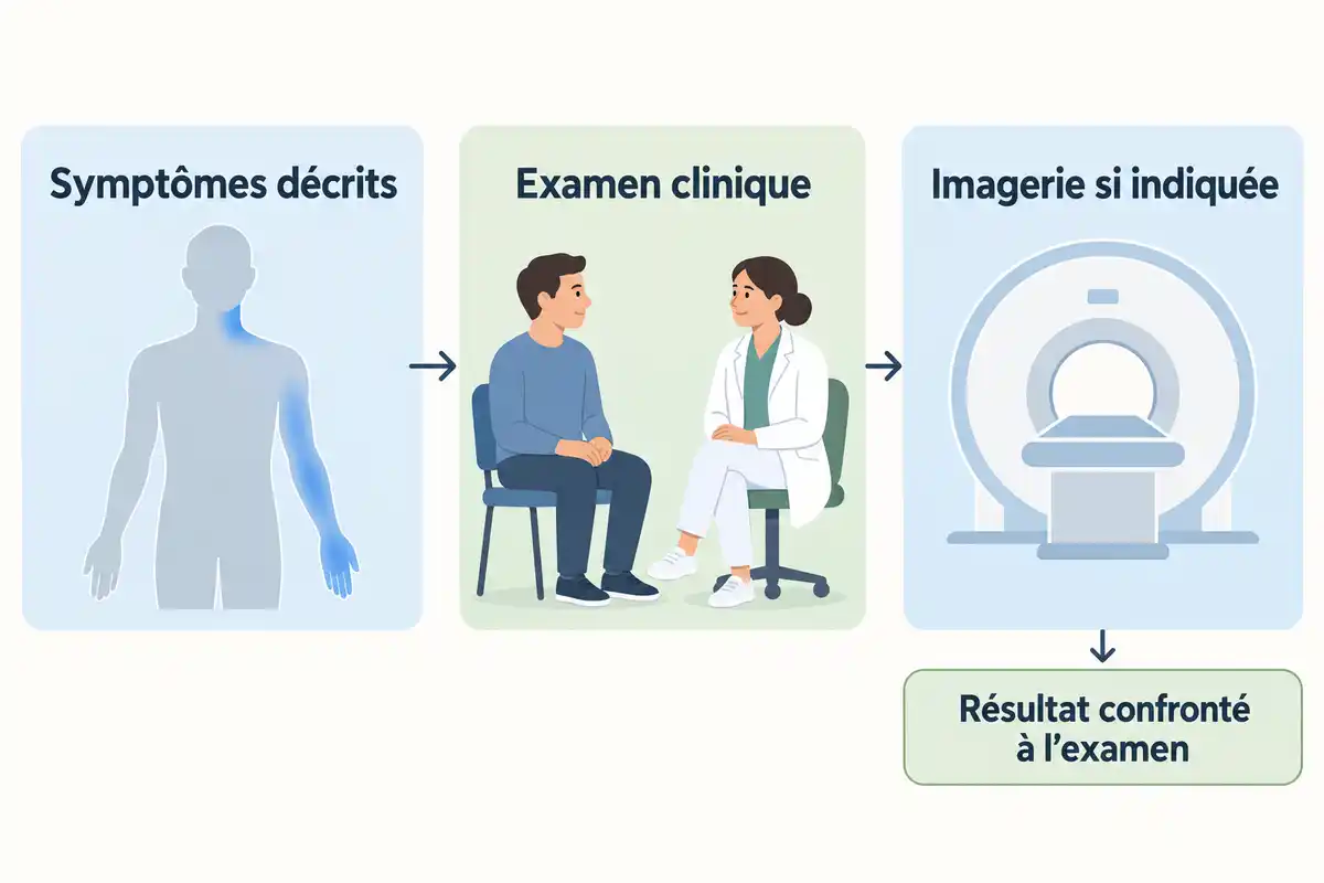 Les symptômes et l’examen clinique guident une imagerie si elle est indiquée ; son résultat s’interprète en lien avec les symptômes.