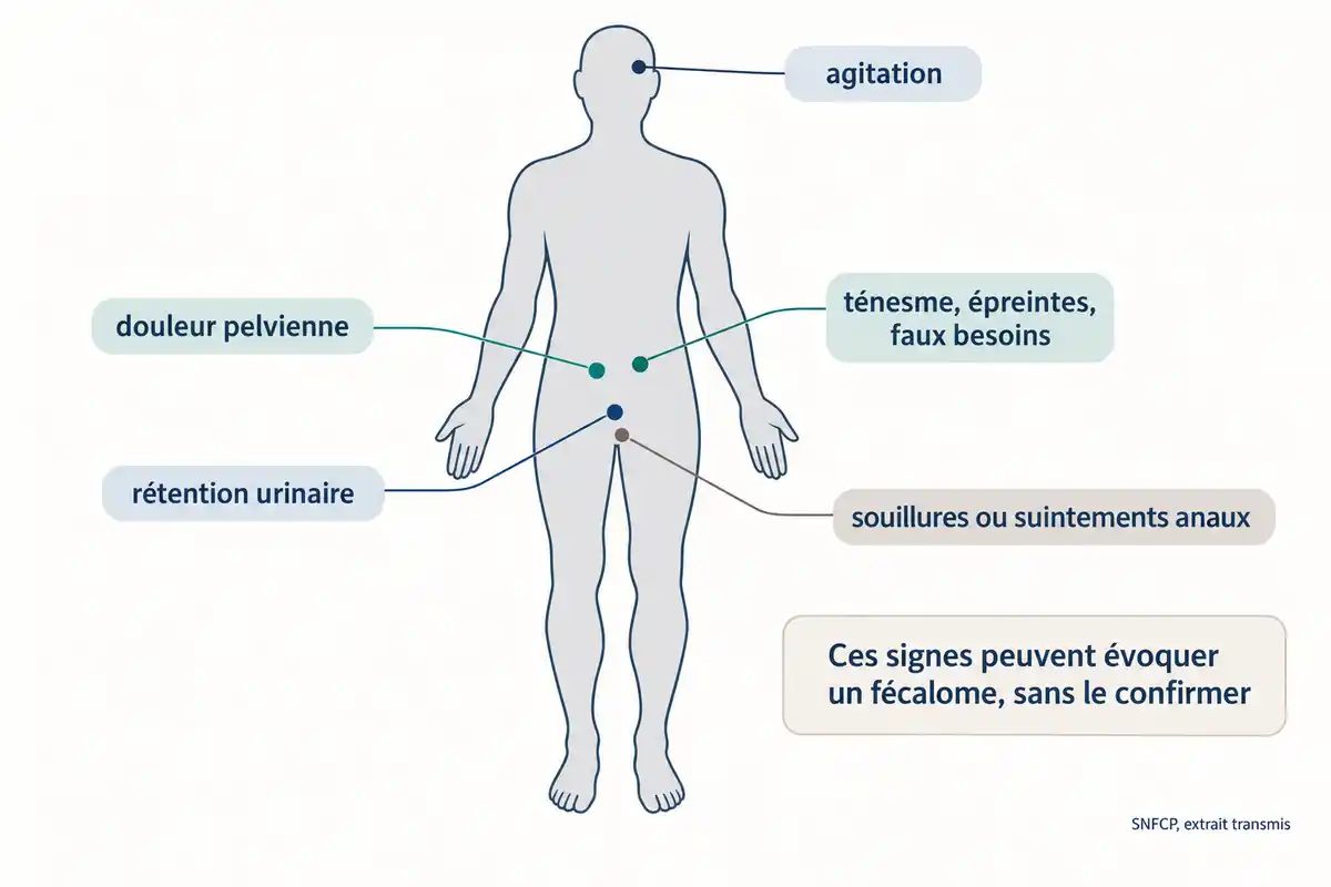 Souillures anales, douleur pelvienne, rétention urinaire, agitation et faux besoins peuvent évoquer un fécalome sans le confirmer.