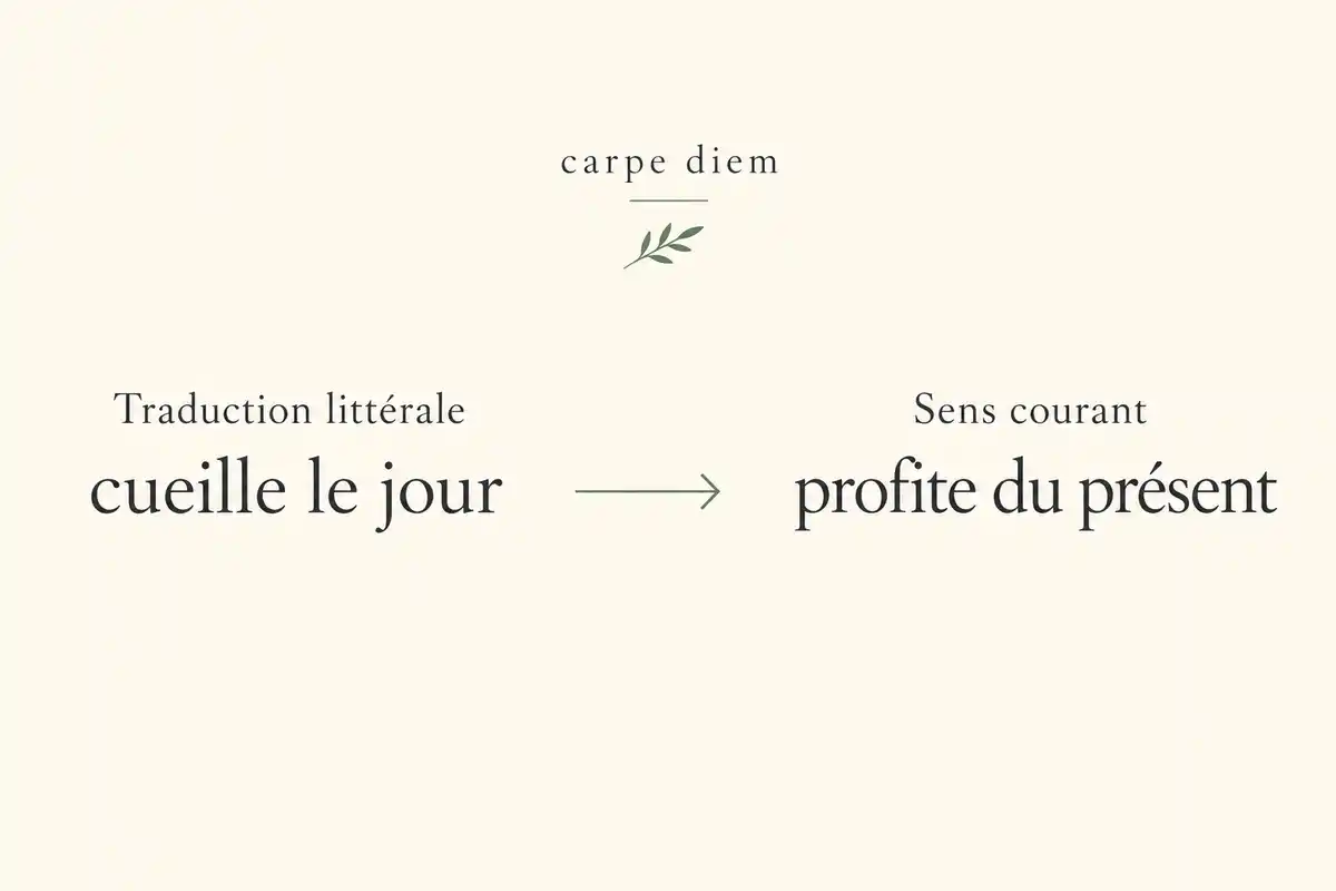 « Carpe diem » passe de l’image littérale « cueille le jour » à l’invitation plus large à profiter du présent.