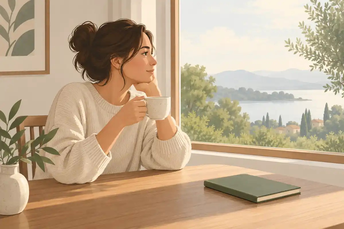 Une pause au présent coexiste avec des projets à venir, suggérant qu’attention au jour et réflexion sur l’avenir peuvent aller de pair.