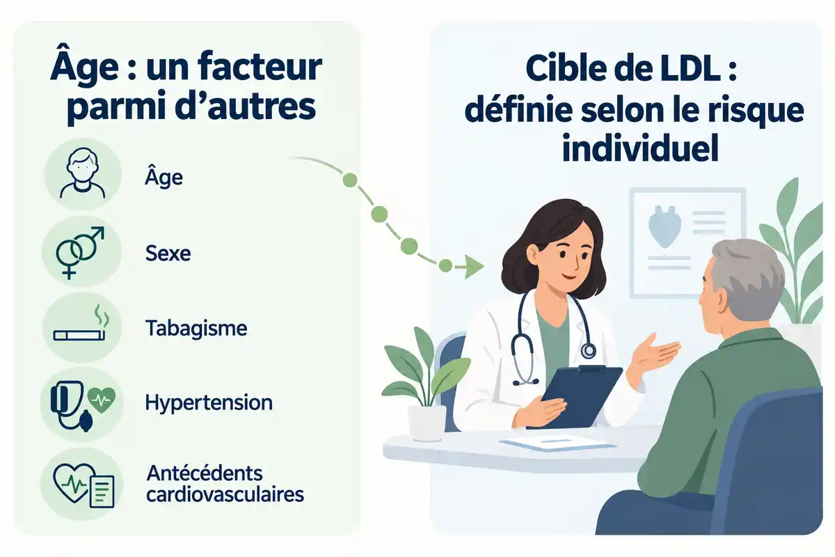 Les facteurs cardiovasculaires contribuent à l’évaluation médicale, qui détermine une cible de LDL adaptée au risque global.