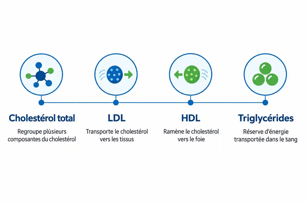 Cholestérol total, LDL, HDL et triglycérides sont des mesures complémentaires d’un bilan lipidique, sans définir seules une norme personnelle.