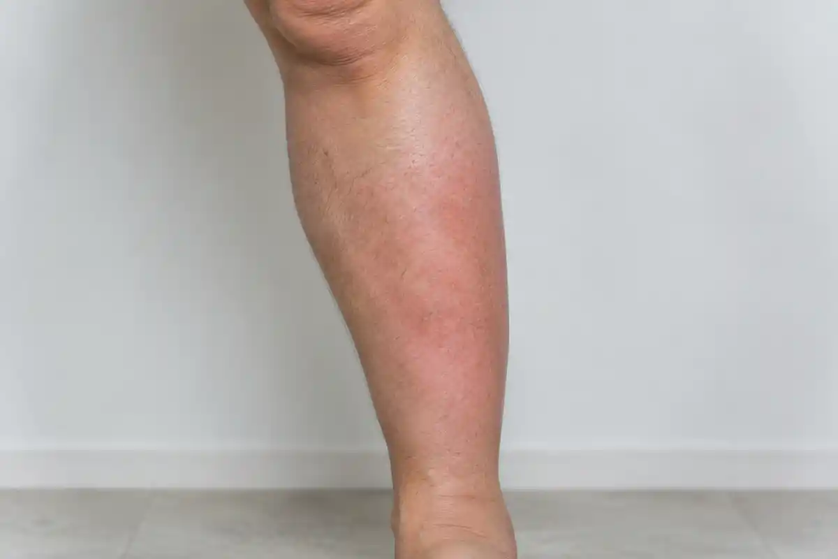 Une rougeur diffuse et un léger gonflement du bas de la jambe illustrent des signes possibles, sans en établir la cause.