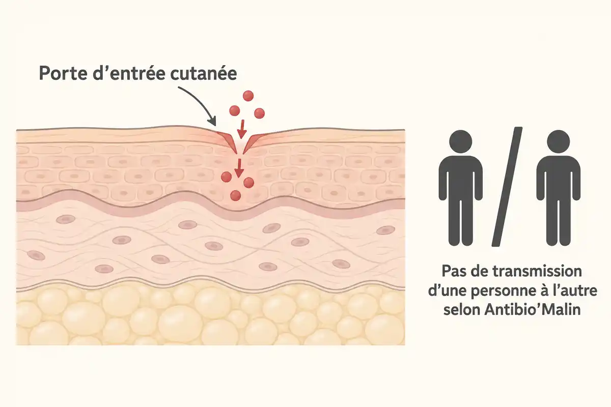 Une fissure peut laisser entrer des bactéries dans la peau ; cette porte d’entrée se distingue de la transmission entre personnes.