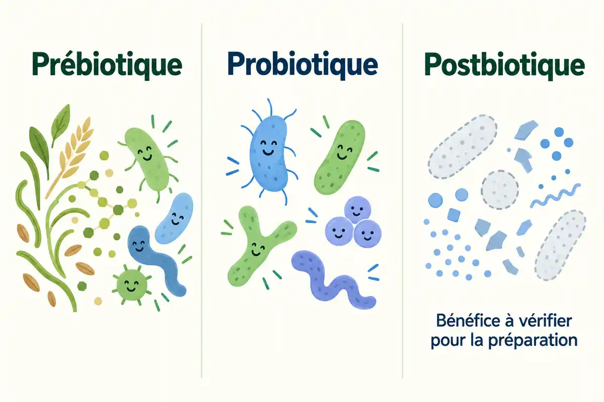 Prébiotique : substrat utilisé par des micro-organismes de l’hôte ; probiotique : micro-organismes vivants ; postbiotique : préparation inactivée dont le bénéfice est à vérifier.