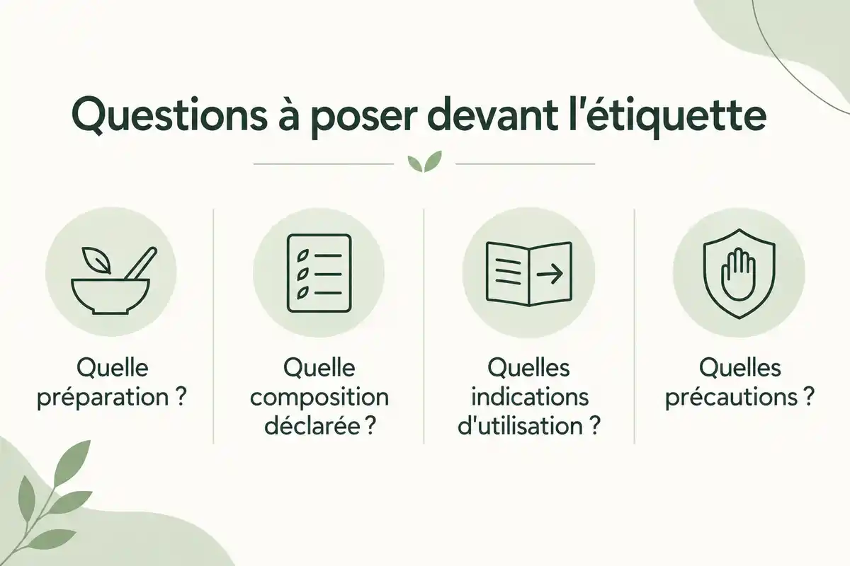Examiner une étiquette consiste à préciser la préparation, la composition déclarée, les indications d’utilisation et les précautions à vérifier.