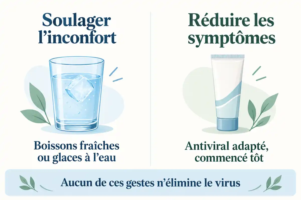 Soulager l’inconfort et traiter les symptômes sont deux objectifs distincts ; aucun de ces gestes n’élimine le virus.