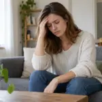 Une personne tient son front, illustrant un mal de tête possible parmi les symptômes de la méningite, sans permettre de diagnostic.