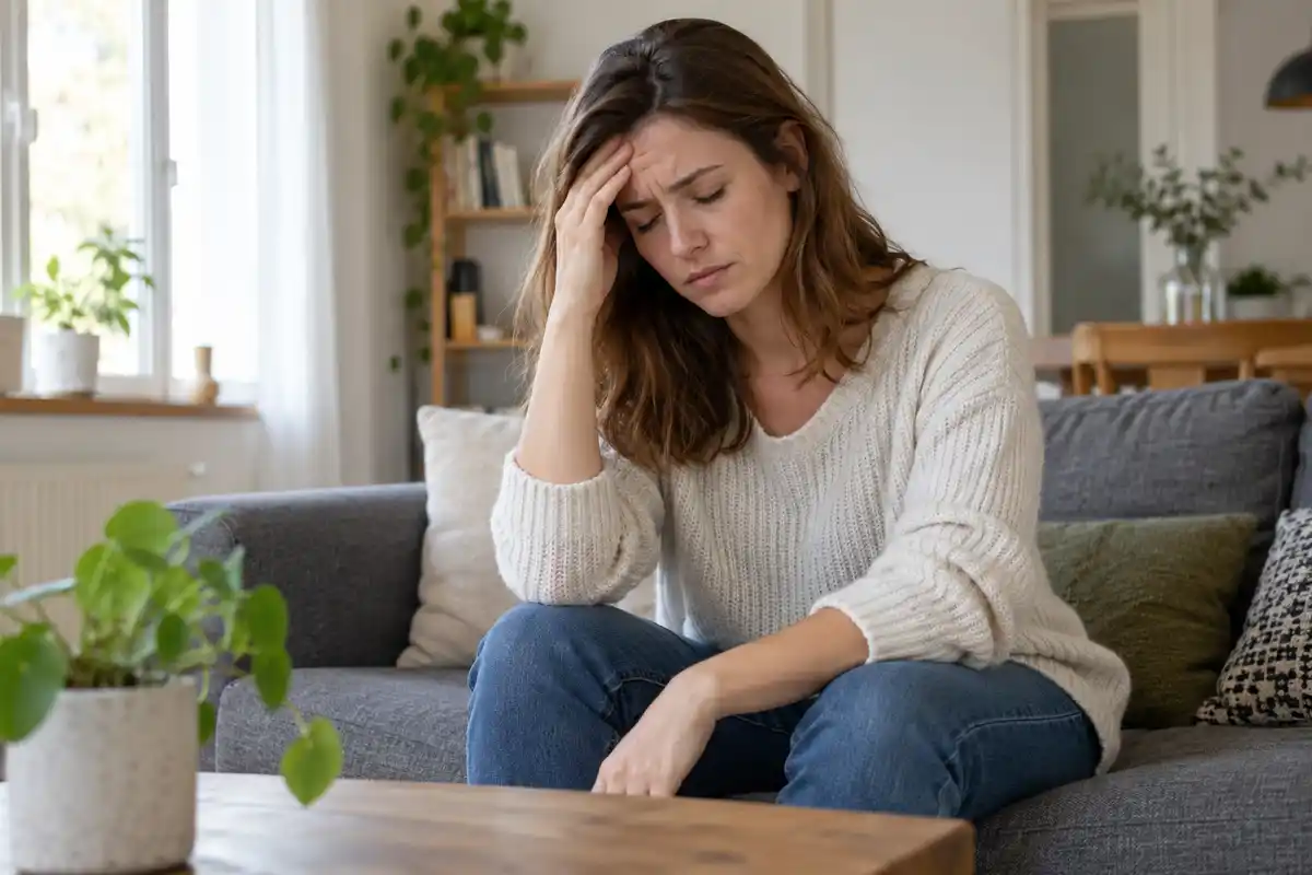 Une personne tient son front, illustrant un mal de tête possible parmi les symptômes de la méningite, sans permettre de diagnostic.