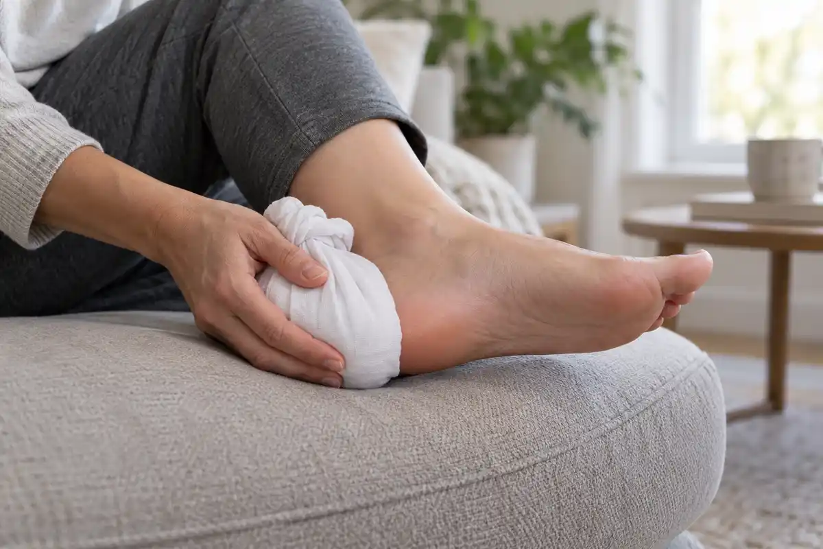 Une compresse enveloppée d’un linge est posée contre le talon pour apporter du confort, avec une protection entre la peau et la compresse.