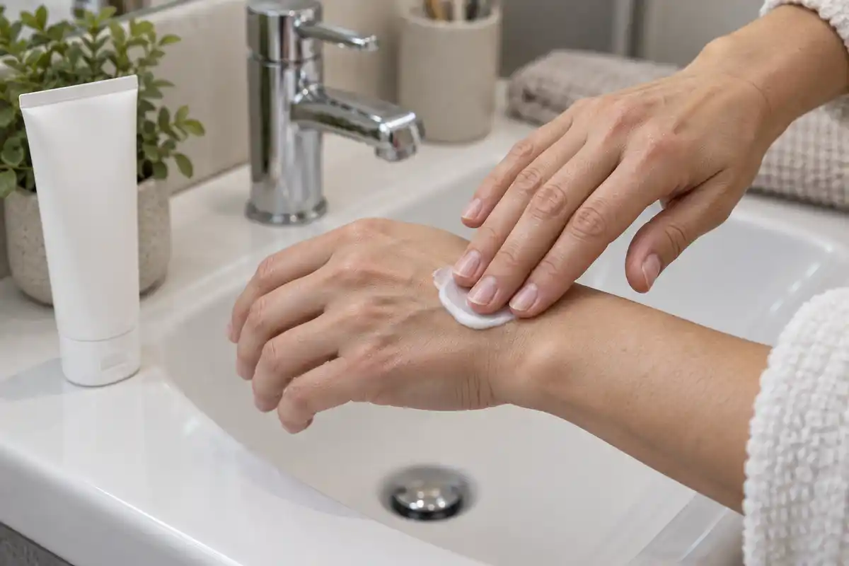 Appliquer une crème émolliente sur le dos de la main après le lavage s’inscrit dans une routine de protection cutanée adaptée.