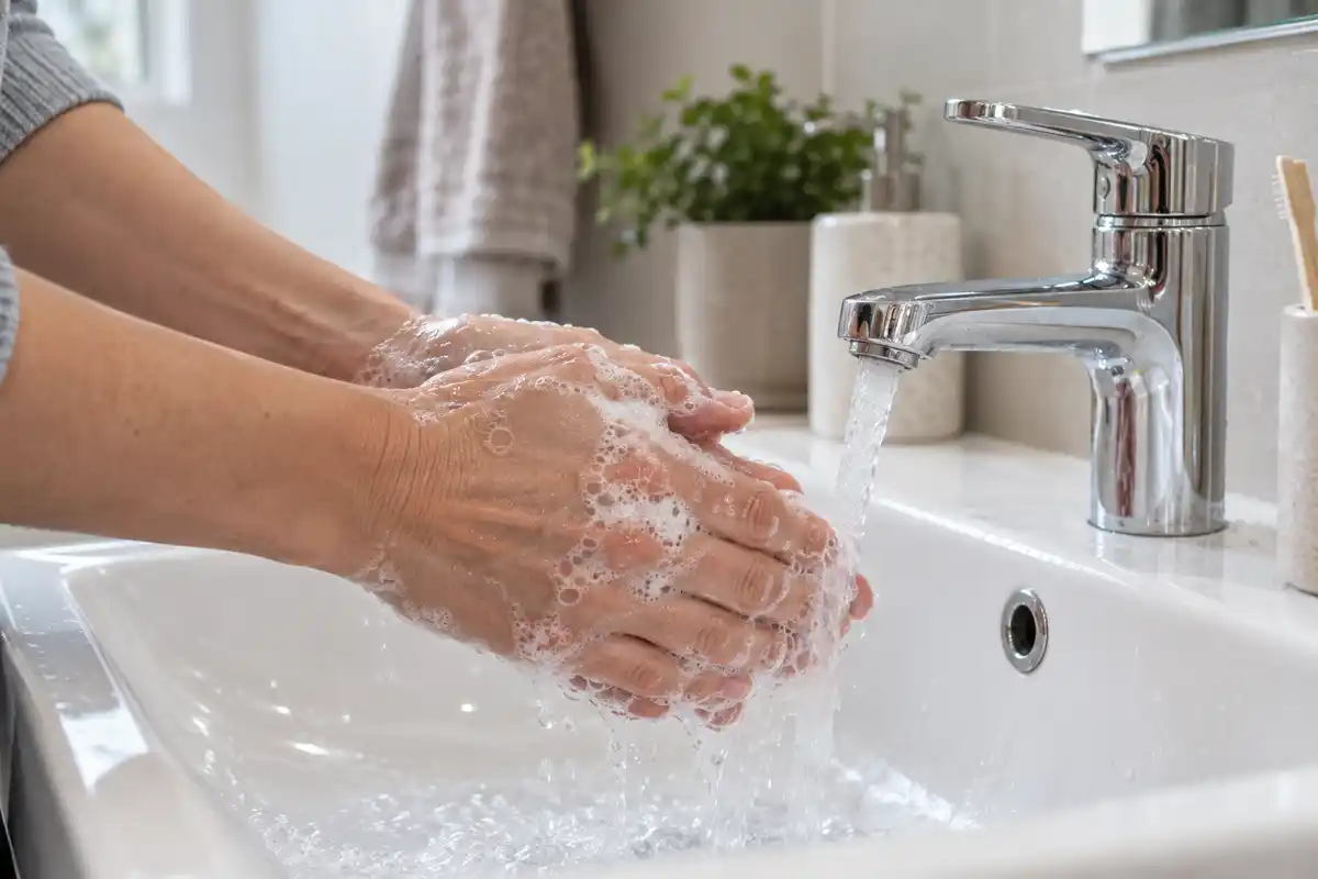Le lavage des mains avant et après le soin local accompagne l’application de cette crème selon sa notice.