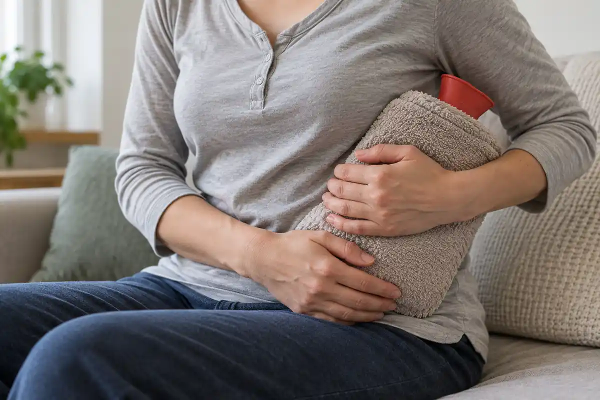 Chaleur locale appliquée par-dessus un vêtement, avec une serviette entre la bouillotte et le corps pour protéger la peau.