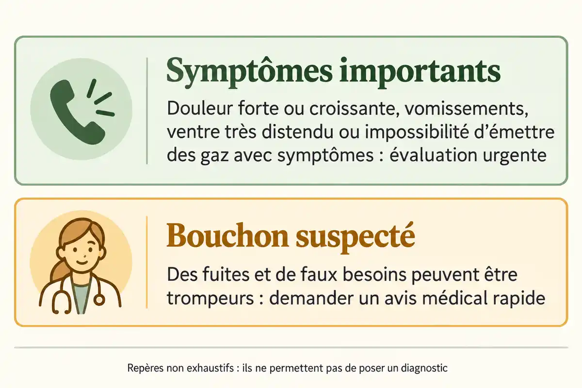 Douleur forte, vomissements ou ventre très distendu appellent une évaluation urgente ; un bouchon suspecté justifie un avis médical rapide.
