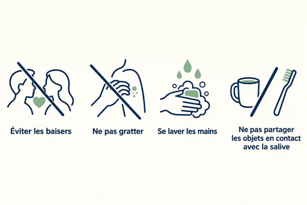 Pendant une poussée, éviter les baisers, ne pas gratter, se laver les mains et ne pas partager les objets en contact avec la salive.