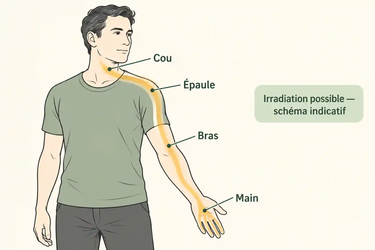 Une douleur peut irradier du cou vers l’épaule, le bras et la main, sans que ce trajet suffise à établir un diagnostic.