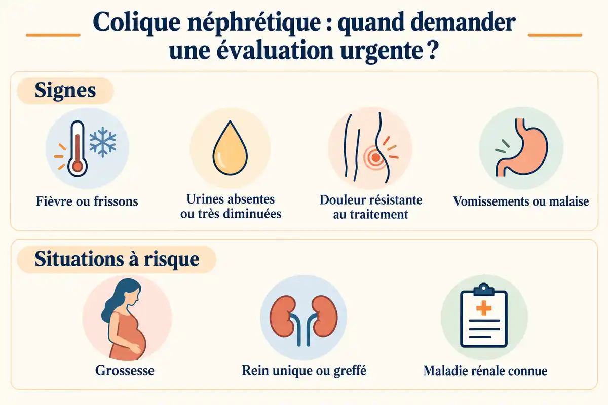 Fièvre, urines très diminuées, douleur résistante, vomissements ou situations à risque sont des motifs d’évaluation urgente, quelle que soit la durée.