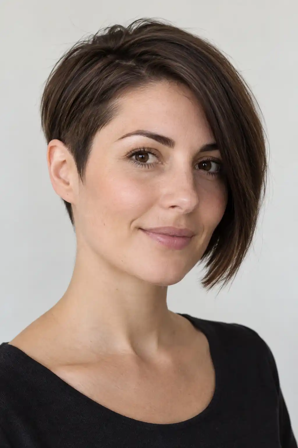 La coupe asymétrique oppose un côté arrêté au-dessus de l’oreille à l’autre, prolongé par une mèche jusqu’à la mâchoire.