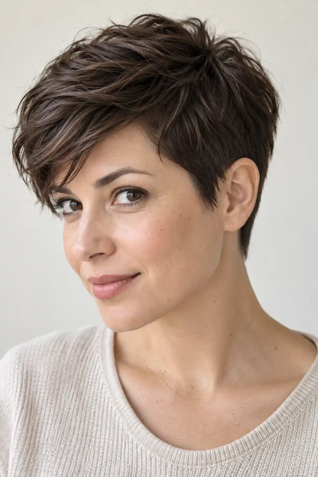 Le pixie associe des côtés courts qui dégagent les oreilles à un dessus plus long, dont la mèche souple retombe vers l’avant.