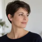 Une coupe courte brune portée introduit les différentes silhouettes de coupes à distinguer avant de choisir selon ses cheveux et son entretien.