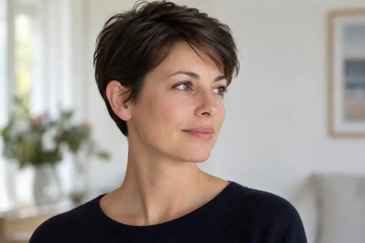 Une coupe courte brune portée introduit les différentes silhouettes de coupes à distinguer avant de choisir selon ses cheveux et son entretien.